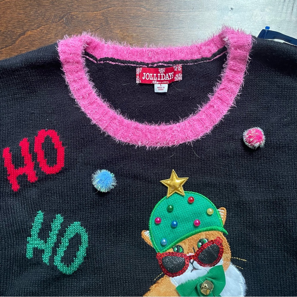 JOLLIDAYS Holiday Cat Graphic Sweater with Pink Trim Size Large - Picture 7 of 11